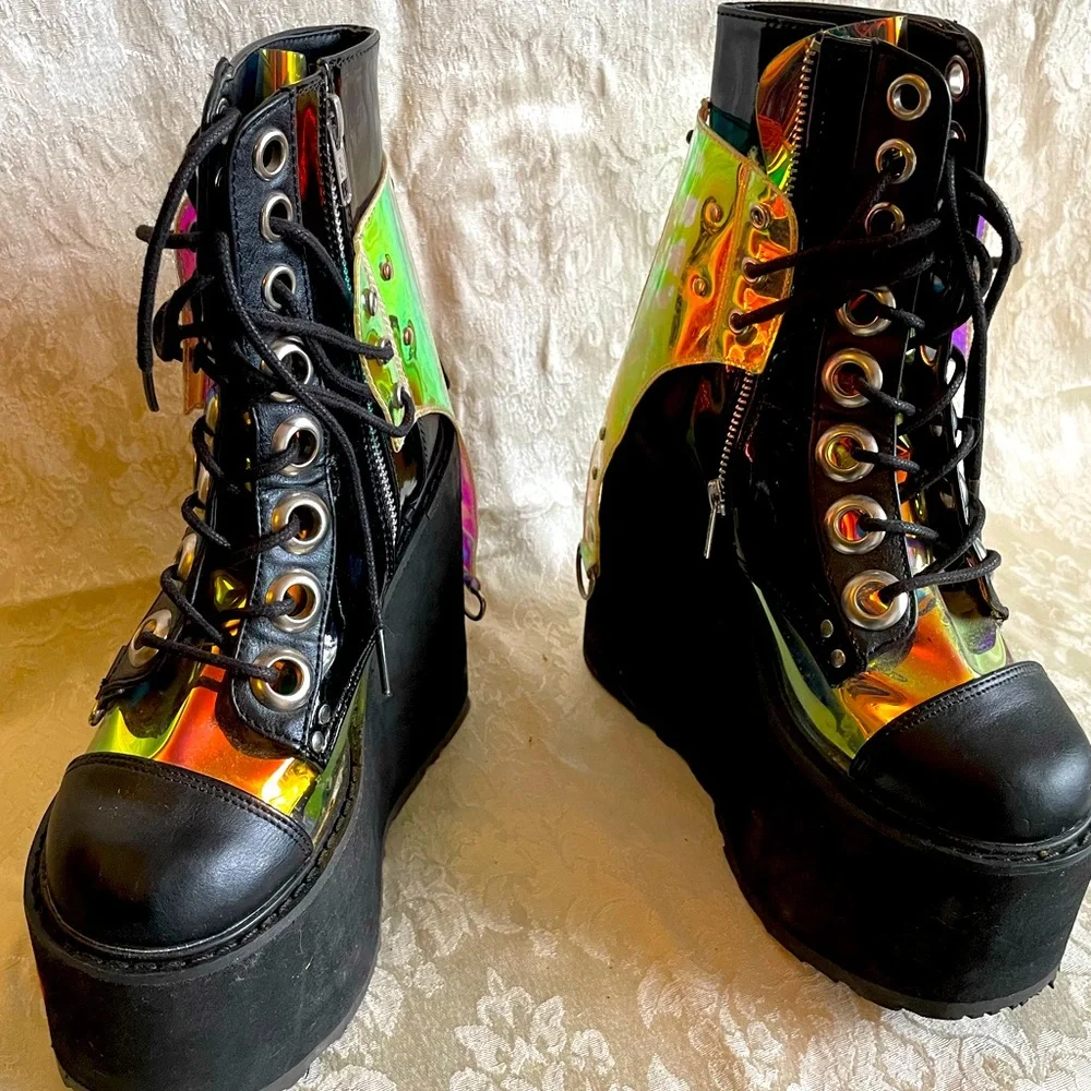 Demonia Black and hologram Platform Shoes - Picture 1 of 4